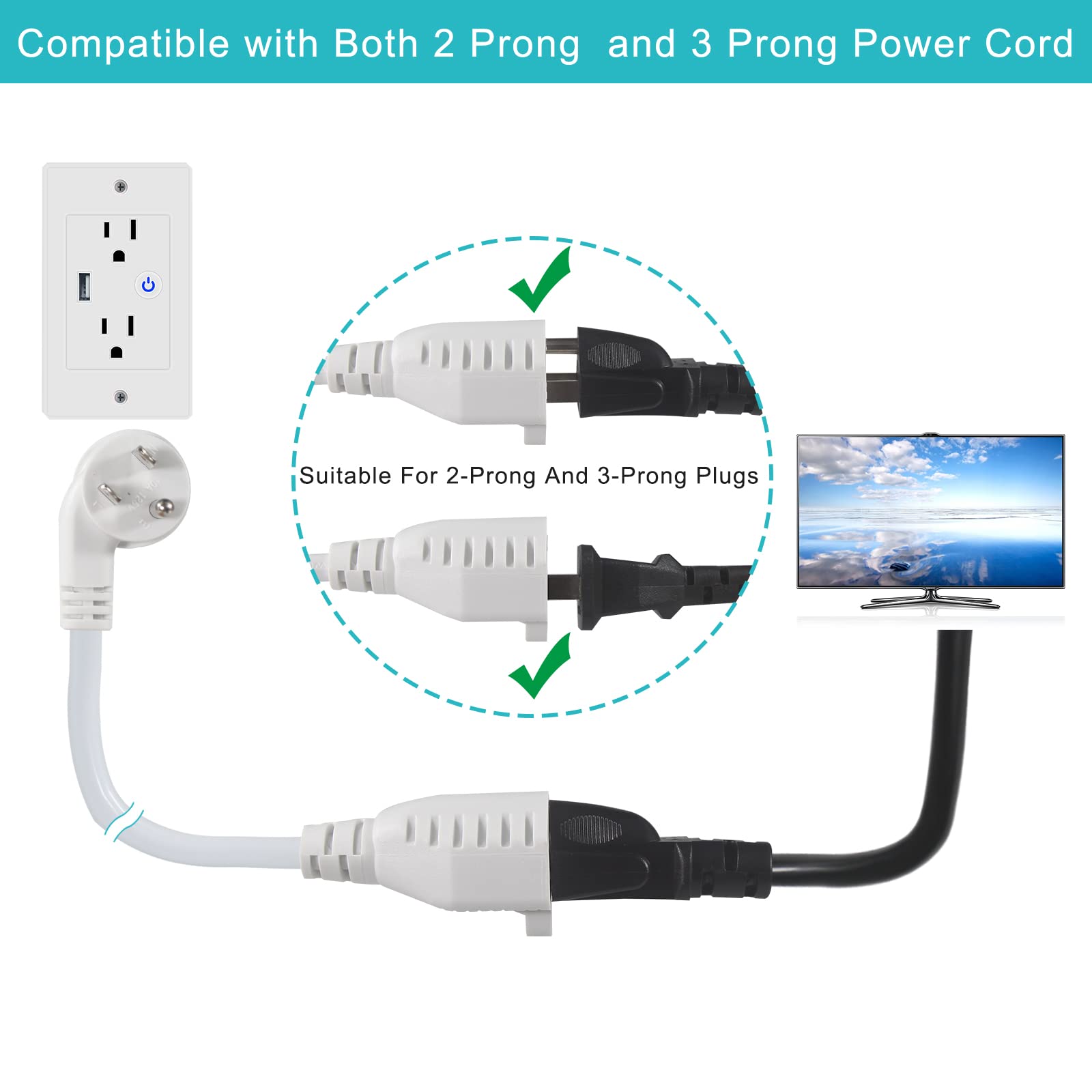 Short Flat Plug Extension Cord 1 Foot  Low Profile Right Angle Flat Plug 1Ft Indoor Ac Extension Cord White Short 3 Prong Ground