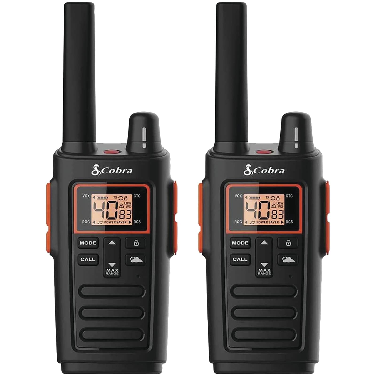 Cobra Rx380 Walkie Talkies   Rechargeable, 40 Preset Channels, Long Range 32 Mile Two Way Radio Set (2 Pack), Black