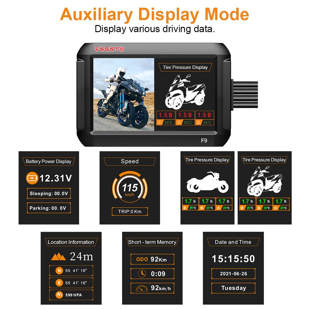 Vsysto Motorcycle Dash Camera With 3 Tire Pressure Sensors, Wifi Waterproof Gps 4'' Screen Hd 1080P 150 Wide Angle S-Ony307 Fron