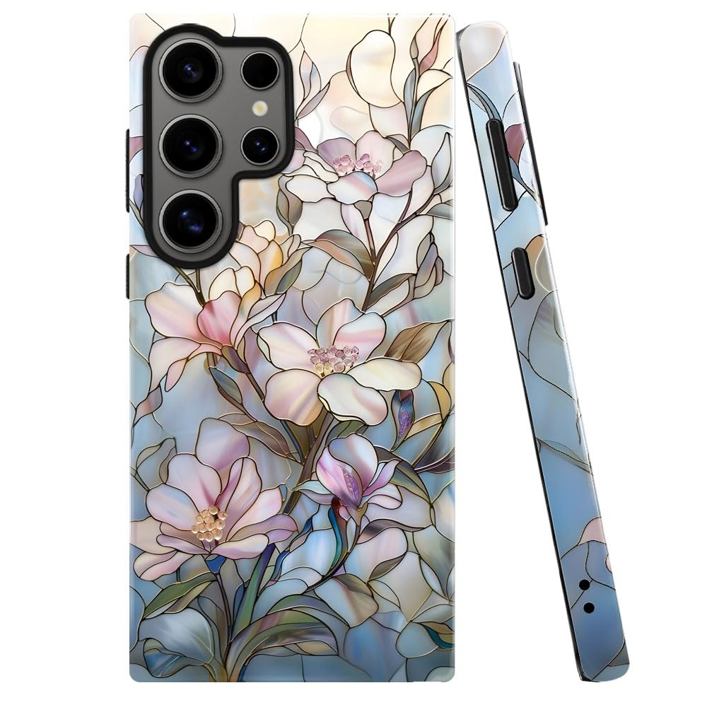 Case for Samsung Galaxy S25 Ultra,Stained Glass Floral Magnolia Pattern Phone Case Military-Grade Drop Protection Cover for Wome