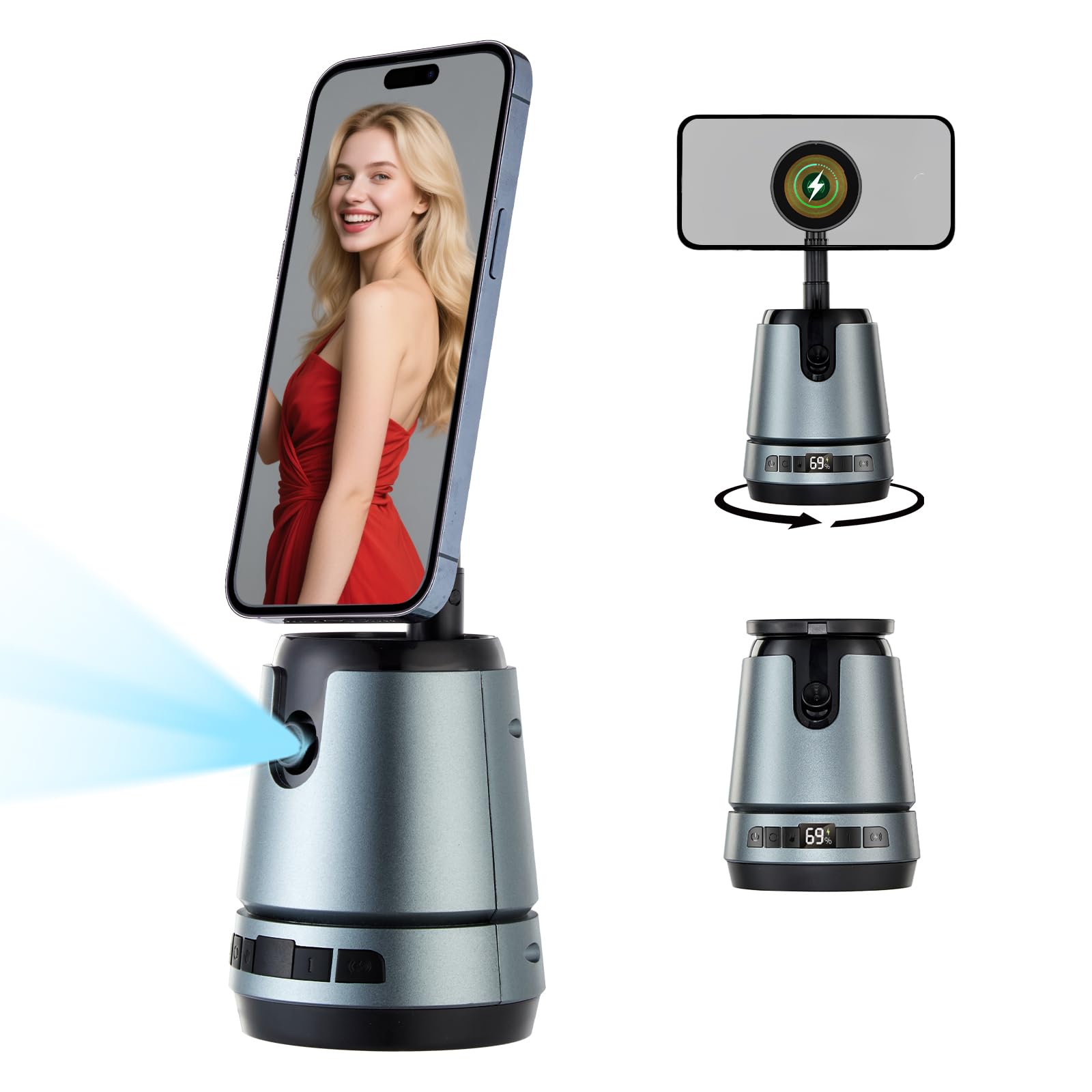Auto Face Tracking Tripod & Wireless Charger,360 Rotating Cell Phone Photo Video Kits,No App, Gesture Control, Rechargeable Smar