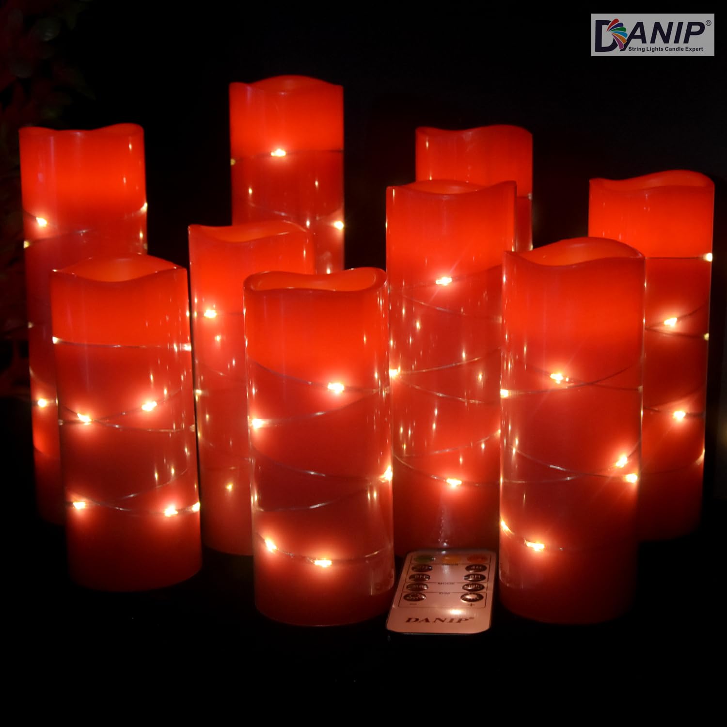 Danip Red Flameless Candle, Built In Star Cluster, 9 Led Candles, 11 Button Remote Control, 24 Hour Cycle Timer, Flashing Flame,