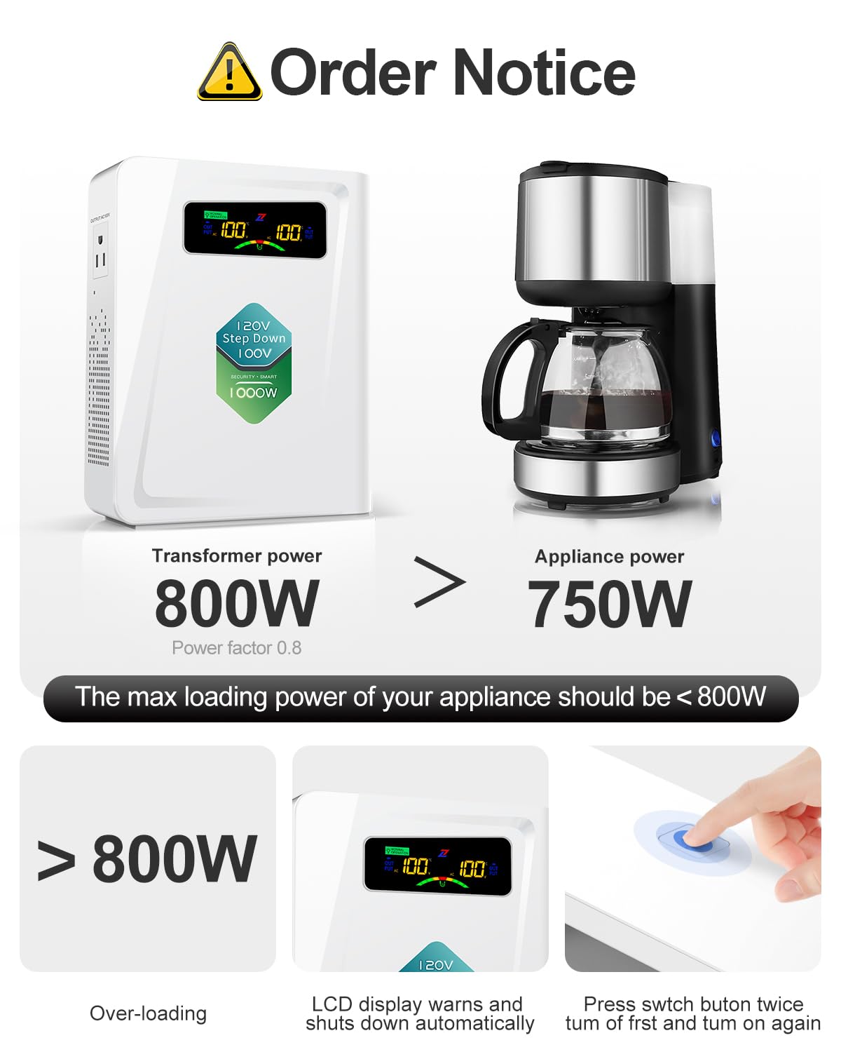 Zhengxi 120V To 100V Step Down Transformer 1000W Power Voltage Converters, No Noise, Ten Protection Functions,Using Japan Applia