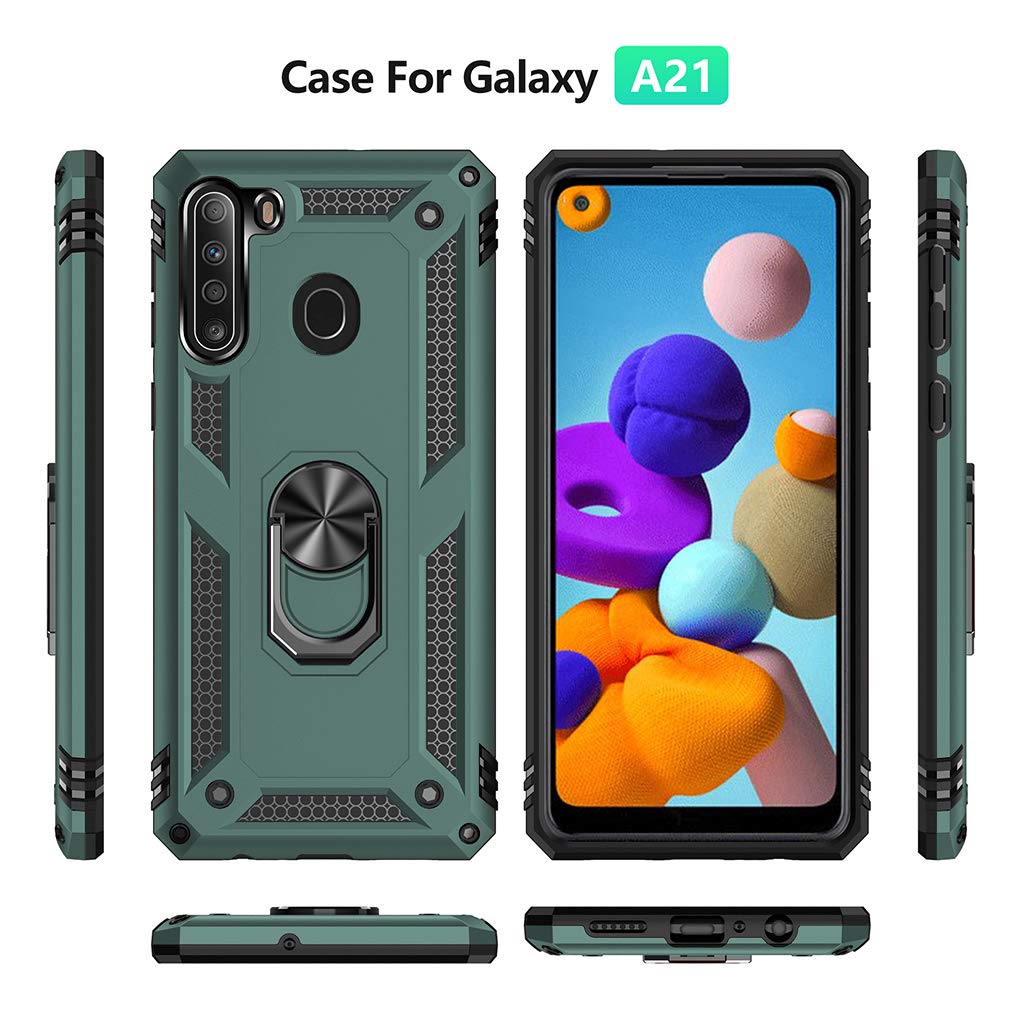 Yzok For Galaxy A21 Case, Samsung A21 Case, With Hd Screen Protector,[Military Grade] Ring Car Mount Kickstand Hybrid Hard Pc So