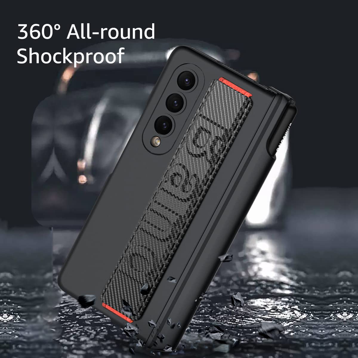 SOUTEM Samsung Galaxy Z Fold 3 5G Phone Case Magnetic Hinge S Pen Slot Screen Protector Wrist Strap PC Black