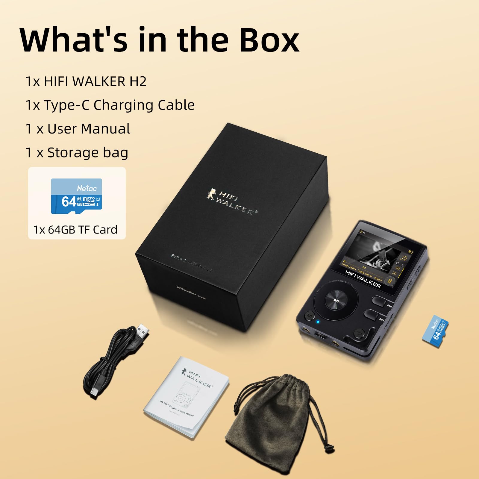 Hifi Walker H2 Hifi Mp3 Player With Bluetooth, Lossless Dsd Dac Flac, High Resolution Music Player, Portable Audio Player With 6