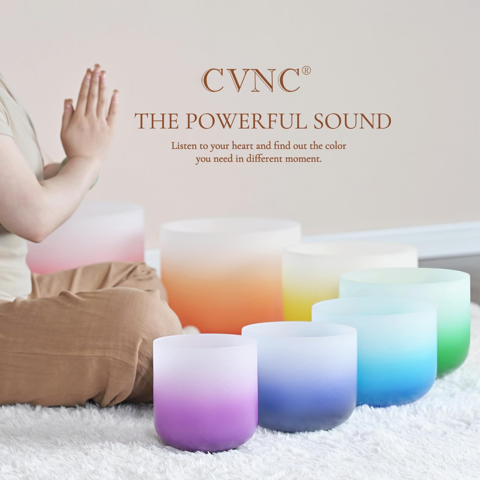 Cvnc 432Hz 6 12 Inch Set Of 7 Pcs Aria Gradient Design Frosted Quartz Crystal Singing Bowls With 2 Pcs Carry Case Bag For Sound