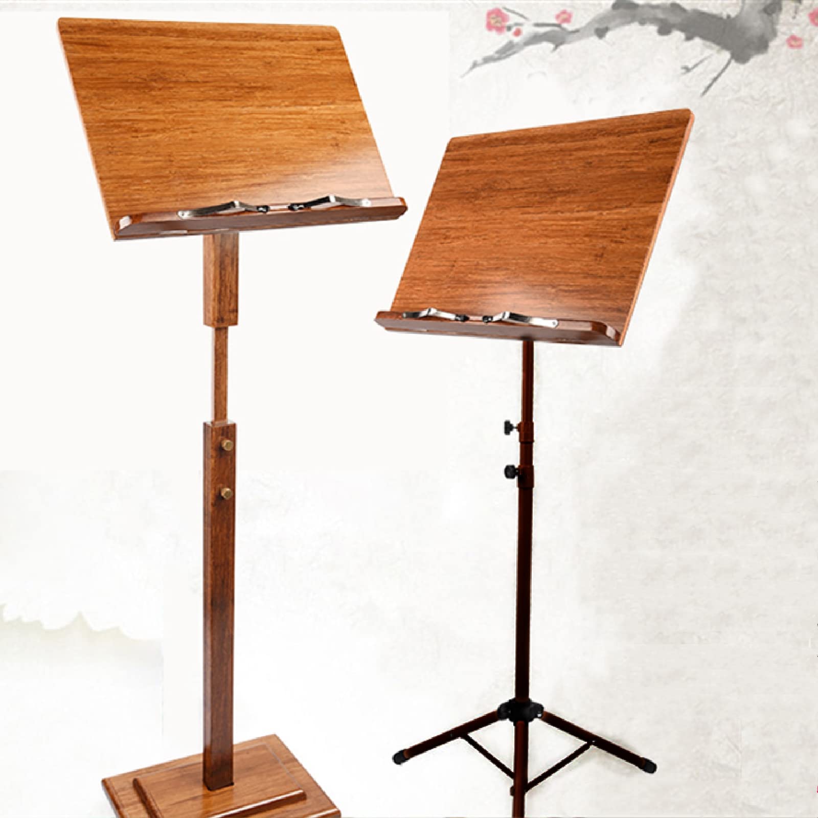 Miwayer Bamboo Conductor Music Stand, Height Adjustable, Foldable, With Wide Wooden Bookplate (Triangle Steel Bracket)