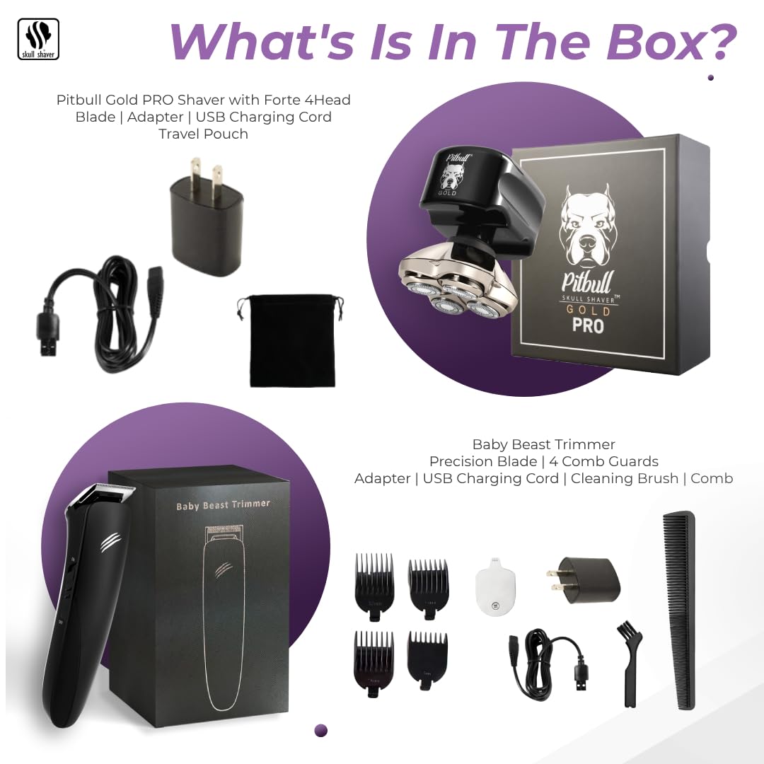 Skull Shaver Pitbull Gold Pro Electric Razor & Baby Beast Trimmer For Men   Best Bald Head Shaver And Beard Trimmer