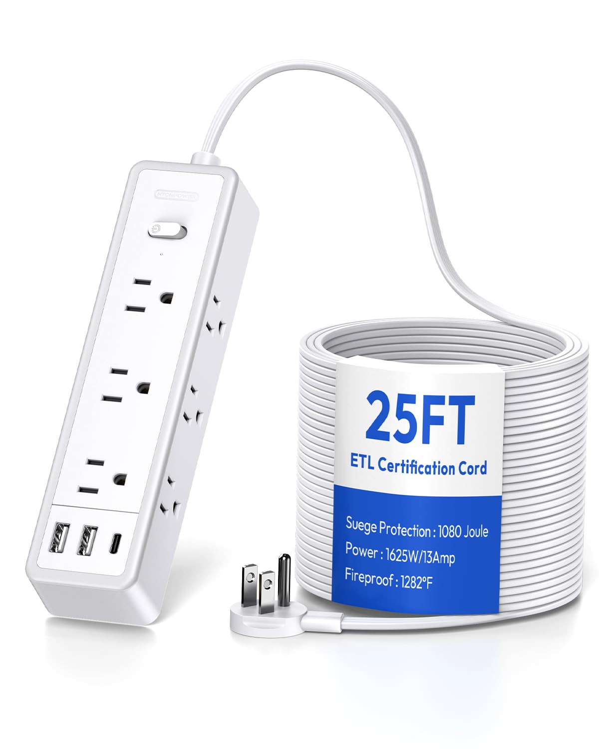 Flat Extension Cord 25 Ft, Ntonpower Surge Protector Power Strip With 9 Widely Outlets 3 Usb (1 Usb C), Long Extension Cord With