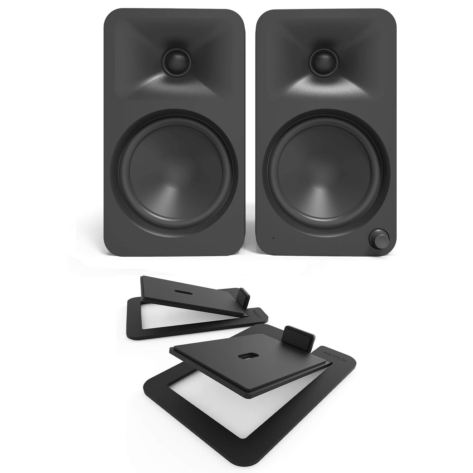 Kanto ORA4MB Pro Audio Bluetooth Desktop Speakers - Matte Black Pair S6 Angled Desktop Speaker Stands for Large Speakers - Black