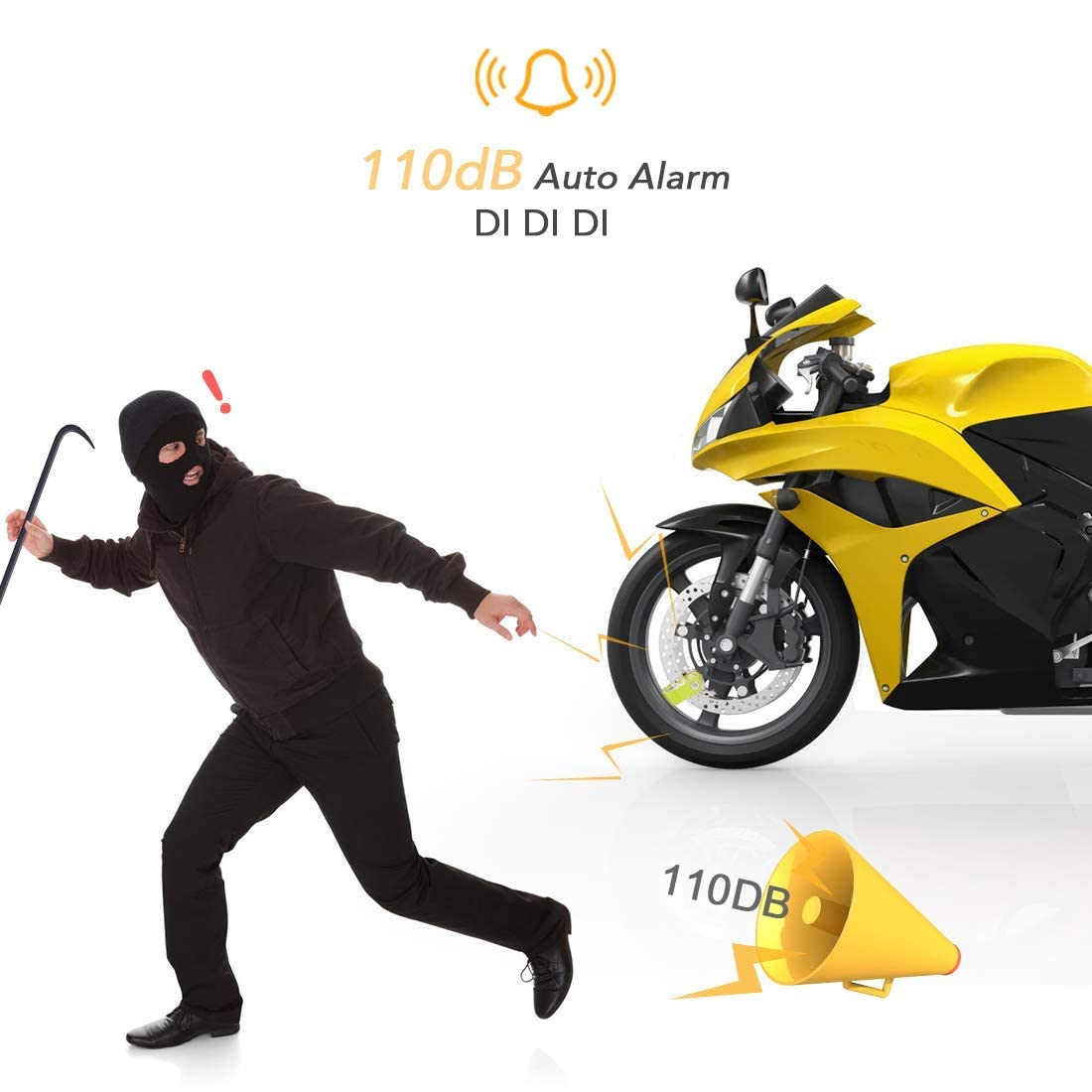 Alarm Disc Lock With 5Ft Reminder Cable, Agptek 110Db Motorcycle Brake Lock Anti Theft Padlock Waterproof With Lock Pin Carrying