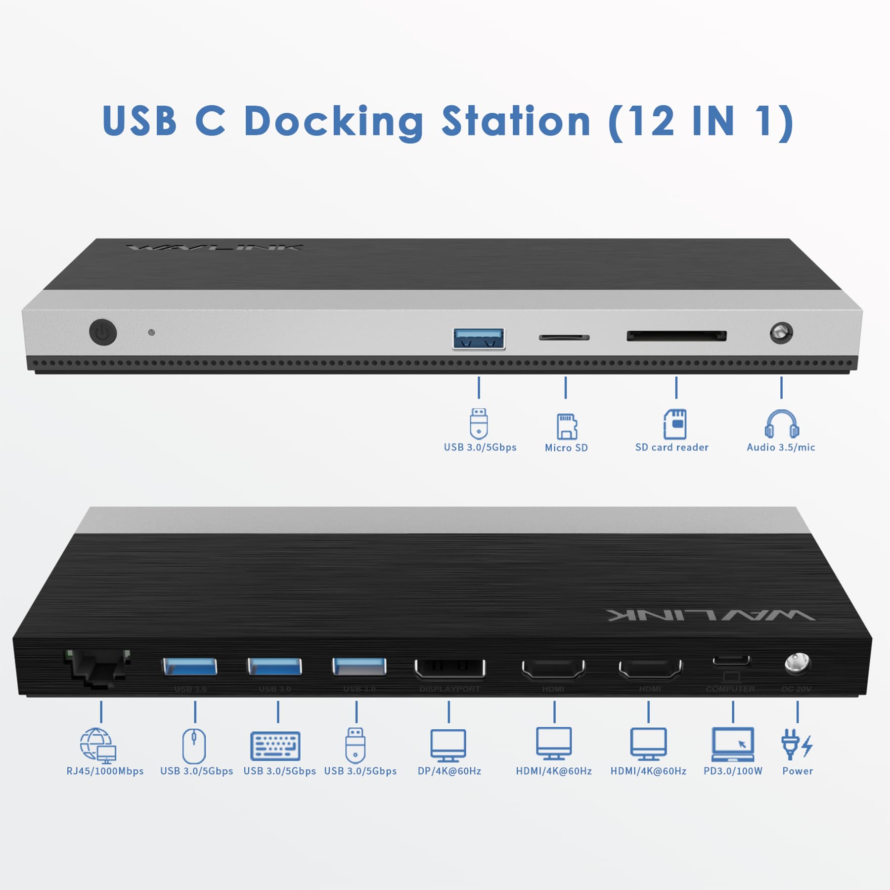 Wavlink Usb C Docking Station 4K Triple Display (2 Hdmi + 1 Displayport) With 100W Pc Charging, Gigabit Ethernet, 4 Usb 3.0, Sd/