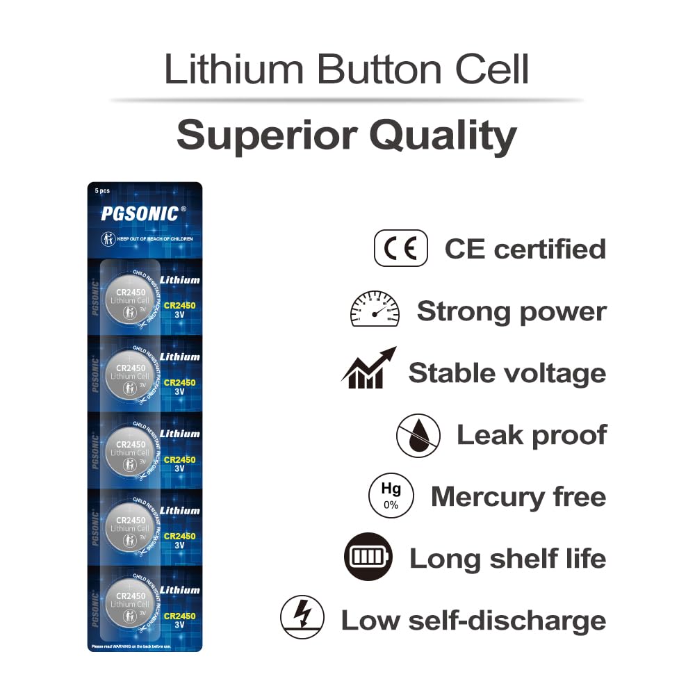 Pgsonic Cr2450 Batteries, 3 Volt Lithium Coin Battery 10 Count, High Capacity And Leak Free Performance