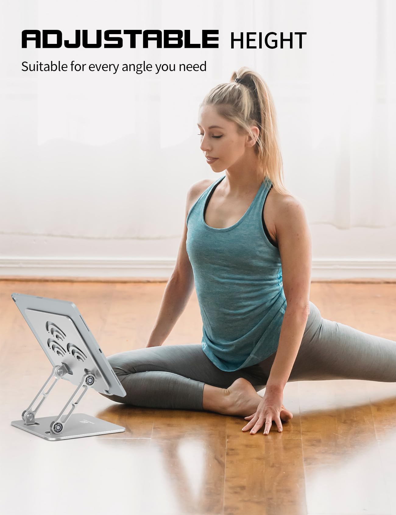 ToBeoneer Adjustable Tablet Stand for Desk, Premium Aluminum Holder for iPads, Tablets, Kindles, Switch, Phones, and All Devices up to 14 Inches. Portable and Foldable Silver, Plus Size