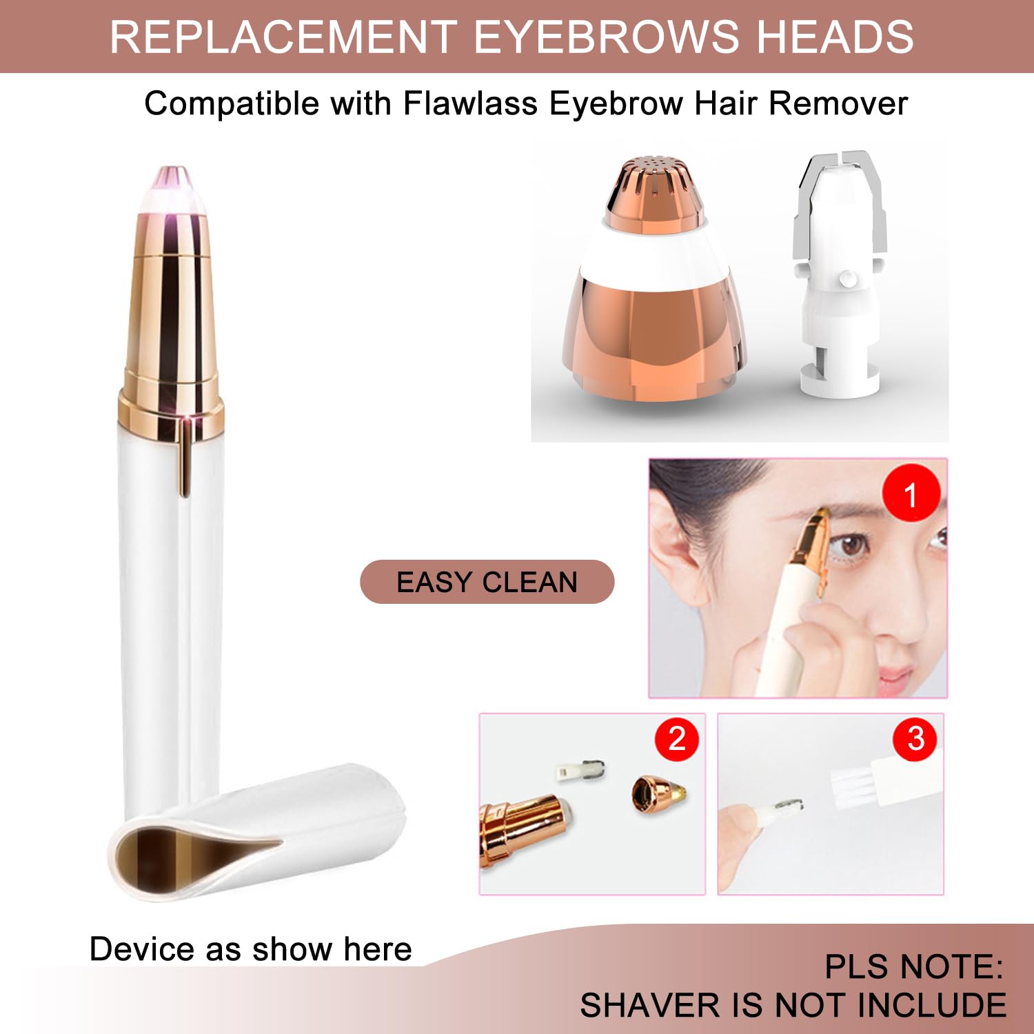 4 Pack Replacement Heads Compatible With Flawless Eyebrow Hair Remover Tool For Women, Rose Gold With A Clean Brush
