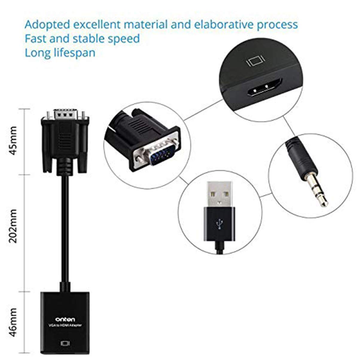Onten Vga To Hdmi, 1080P Vga To Hdmi Adapter (Male To Female) For Computer, Desktop, Laptop, Pc, Monitor, Projector, Hdtv With Audio Cable And Usb Cable (Black)