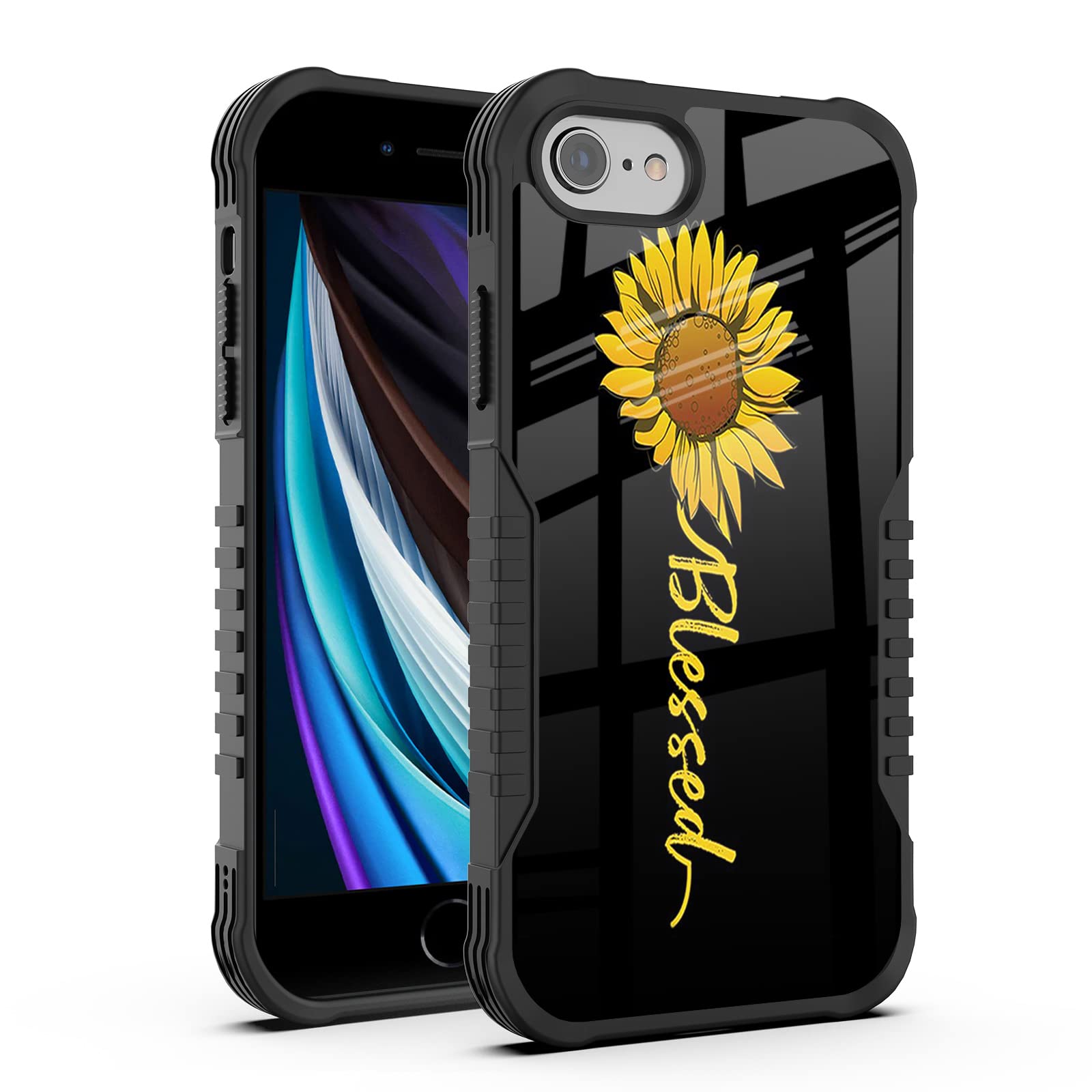 Iphone Se 2022/2020 Case For Men Women, Cute Sunflower Blessed Design Heavy Duty Shockproof Hard Plastic Bumper +Soft Silicone R