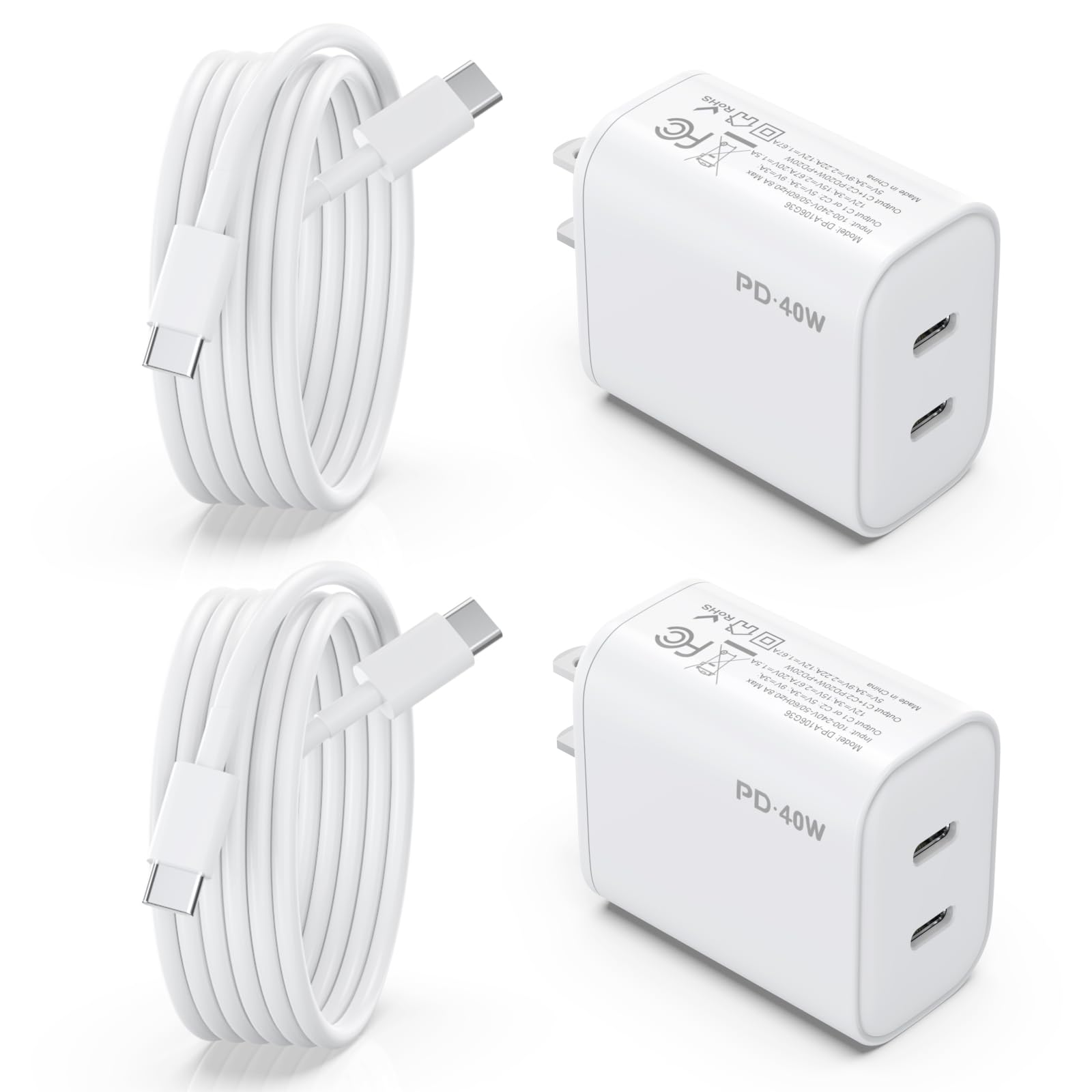 iPhone 17 16 15 Charger, 2 Pack 40W USB C Charger Dual Port Fast Charging Block (2-Pack 6 ft USB C to C Cable Cord Included) for