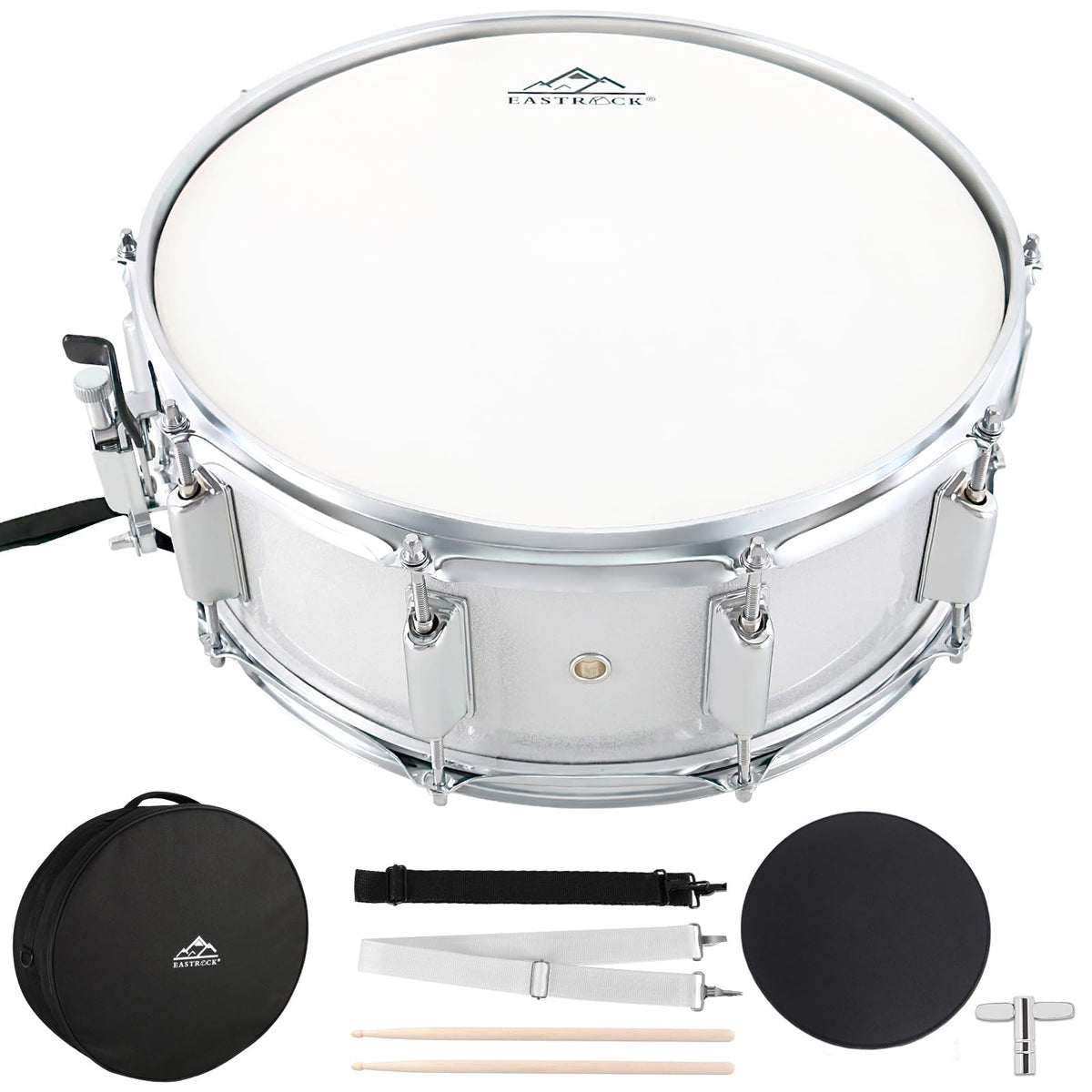 EASTROCK Snare Drum 14X5.5 Inches for Student Beginners with Gig Bag, Drumsticks, Drum Keys, Coated Material Drum Head, Off-whit