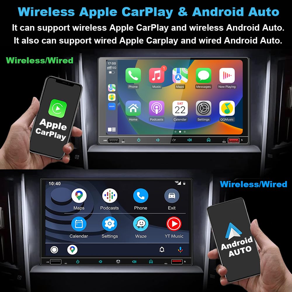Double Din Car Stereo For Wireless Apple Carplay&Android Auto,7Inch Touch Screen Car Audio Compatible Voice Control/Backup Camer