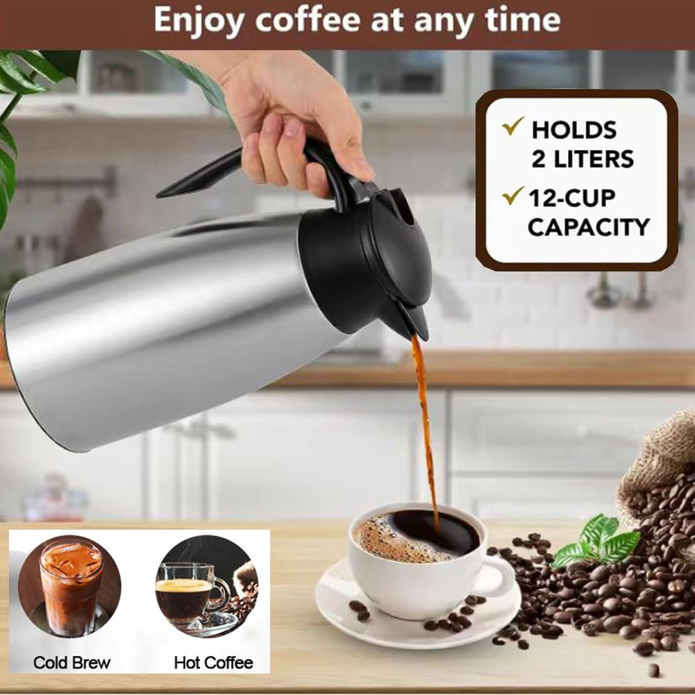 Thermal Coffee Carafe 70 Oz / 2L Insulated Stainless Steel, Coffee Carafes Double Walled Vacuum Pot Flask   Hot Beverage Dispens