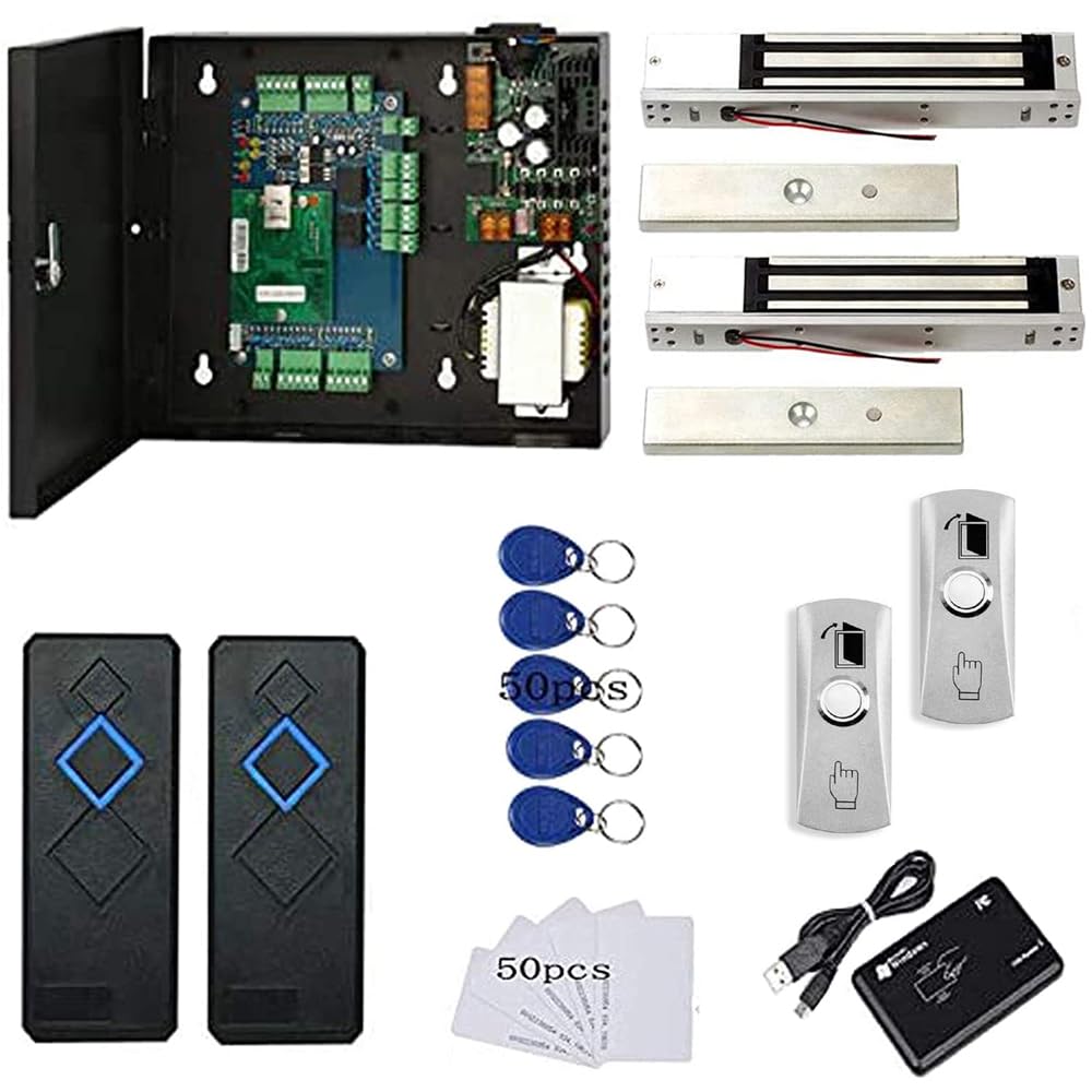 Mengqi Control 2 Door Access Control Panel System 600Lbs Waterproof Magnetic Lock Rfid Reader Metal Exit Button 110V Power Supply Box Usb Reader Rfid Card Key Fob Phone App Remotely Open Door