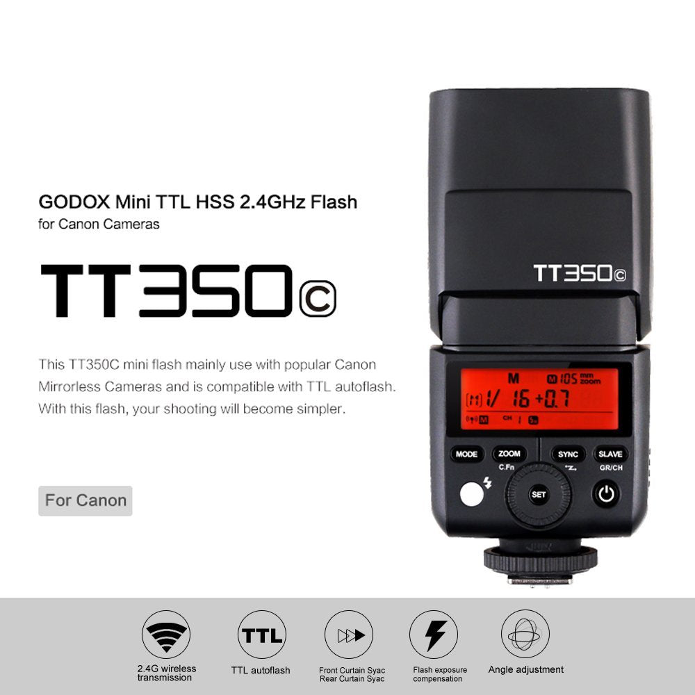 Godox Tt350C Flash For Canon Camera, 2.4G Wireless Speedlight Canon Gn36 1/8000S Hss Speedlite, Mini Thinklite Ttl Camera Flash