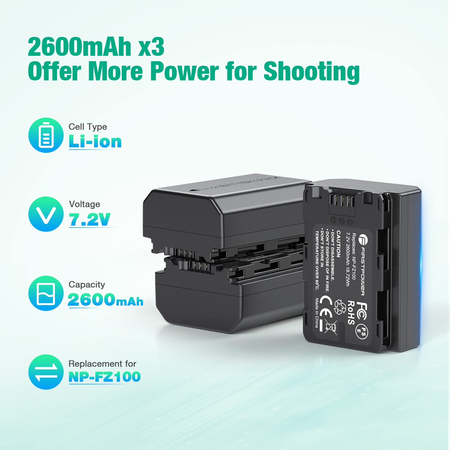 Firstpower Np Fz100 Battery 3 Pack And Triple Slot Charger For Sony Fx3, Fx30, A7 Iii, A7 Iv, A7R Iii, A9, A6600, A7R3, A7S Iii/