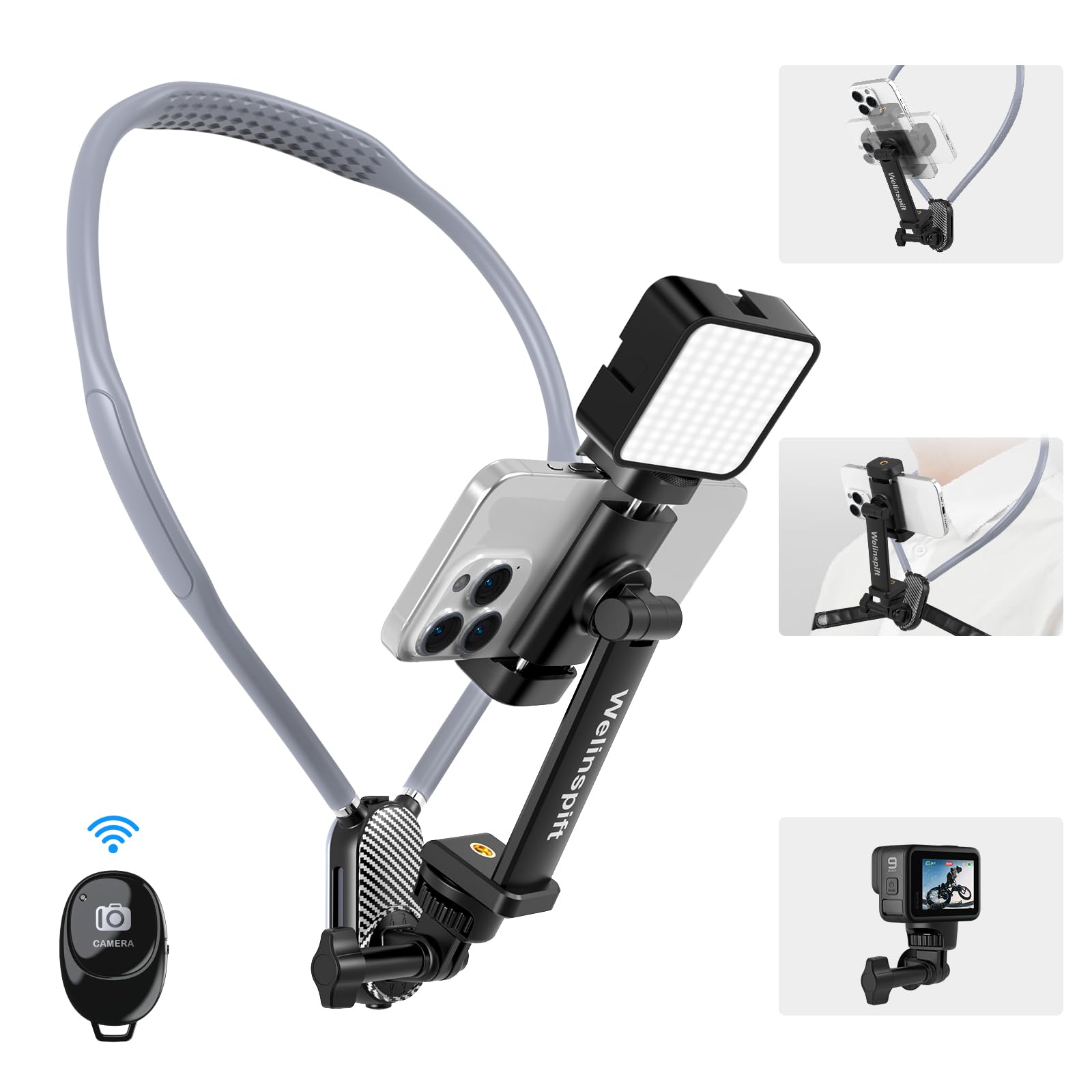 Premium Neck Phone Holder With Fill Light & Remote- Pov/Vlog Chest Phone Tripod Mount W/ Anti-Shake Strap For Hands-Free Recordi