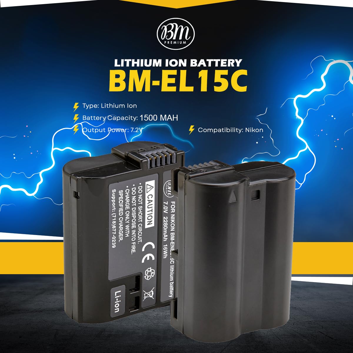 BM Premium 2 Pack of EN EL15C High Capacity Batteries for Nikon Zf, Z5, Z6, Z6 II, Z7, Z8, Z7II, D780, D850, D7500, 1 V1, D500, D600, D610, D750, D800, D810, D810A, D7000, D7100, D7200 Cameras