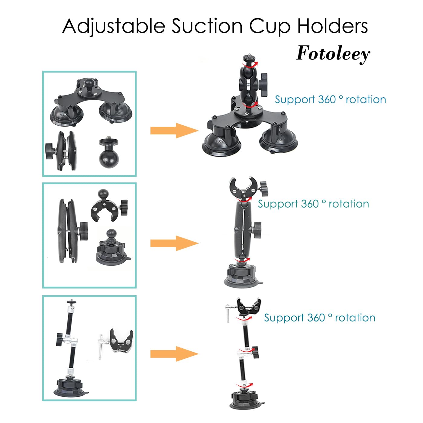 Fotoleey 360 Camera Suction Cup Car Mount Kit For Insta360 X4, X3, Gopro Max, Hero 12, Hero 11 For Heavy Duty Low Altitude Car F