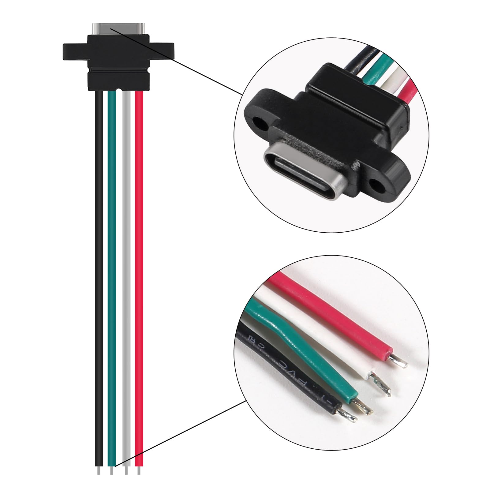 Xiitia 8Pcs Usb Connector Type C Female Chassis 4 Pin For Diy, Waterproof 4P Solder Wire Type Usb C Pigtail Cable Extension Powe