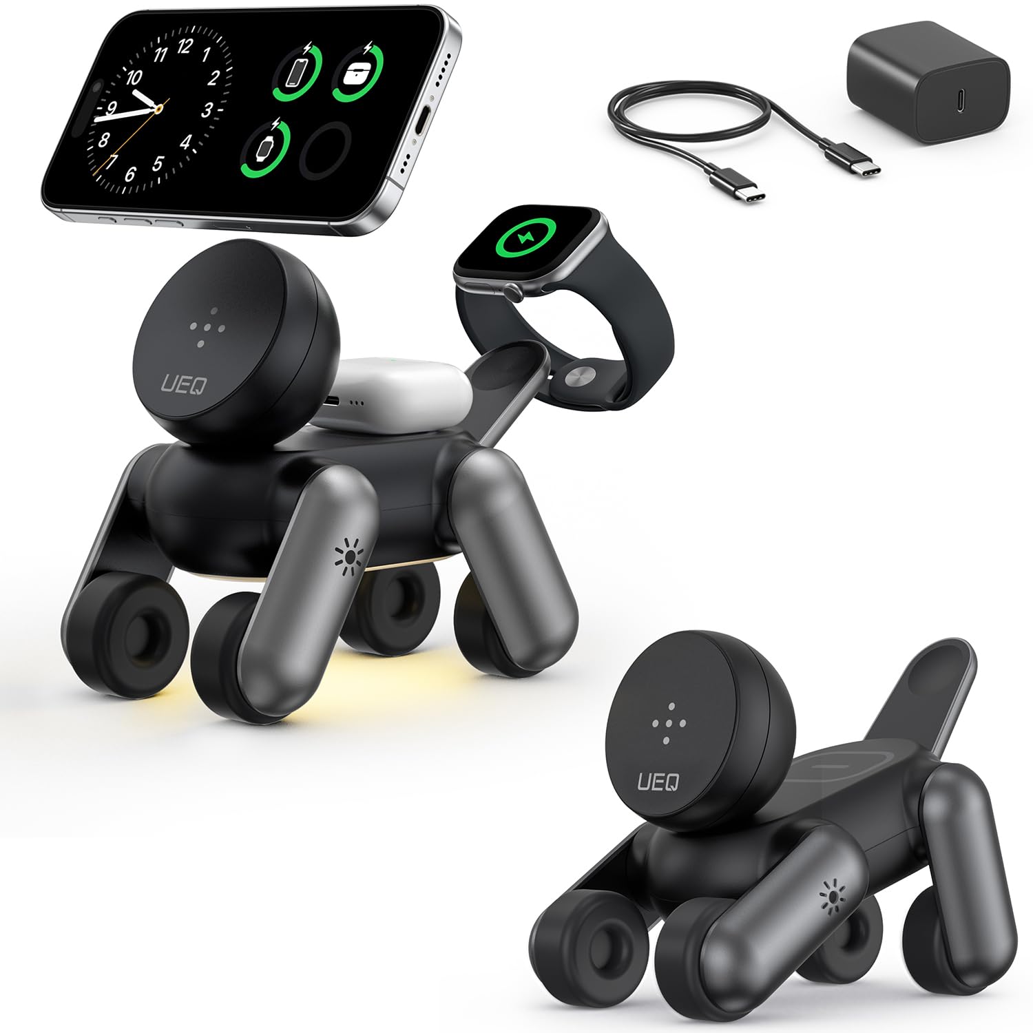 UEQ 3 in 1 Wireless Charging Station for Apple Devices,Foldable Cute Magnetic Mag-Safe Wireless Charger Stand with Night Light f