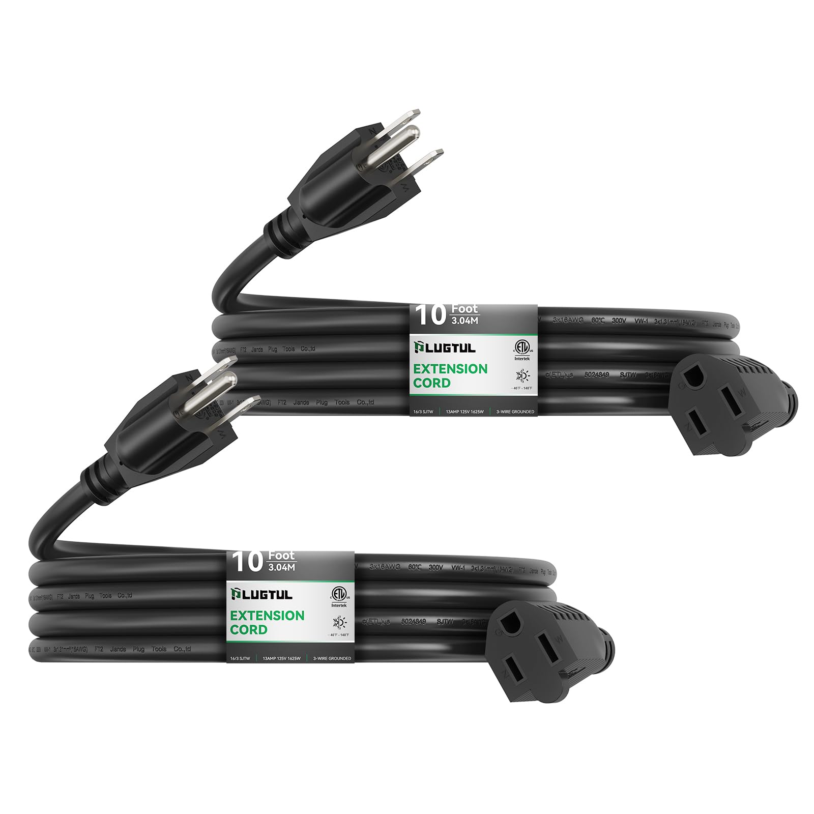 Plugtul 2 Pack 10 Ft Outdoor Extension Cord Waterproof 16/3 Black Heavy Duty 3 Prong Extension Cord, 13A 1625W Sjtw, Etl Listed,
