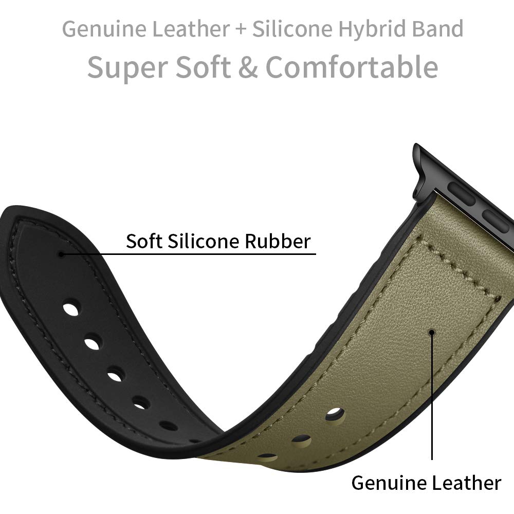 Ouheng Compatible With Apple Watch Band 41Mm 40Mm 38Mm, Sweatproof Genuine Leather And Rubber Hybrid Band Strap For Iwatch Serie