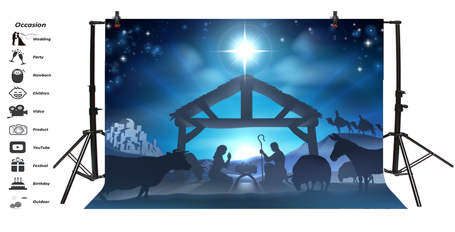 Lfeey 7X5Ft Birth Of Jesus Backdrop Christmas Night Manger Nativity Scene Silhouette Background Farm Barn Stable Christianity Ph