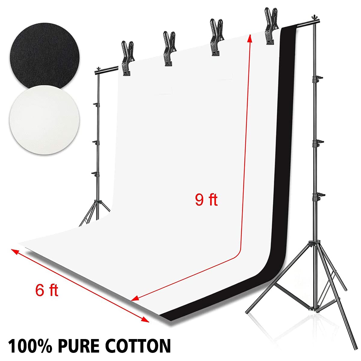 Hyj Inc Photo Background Support System With 8.5 X 10Ft Backdrop Stand Kit, 100% Cotton Muslin Backdrop (White Black),Clamp, Car