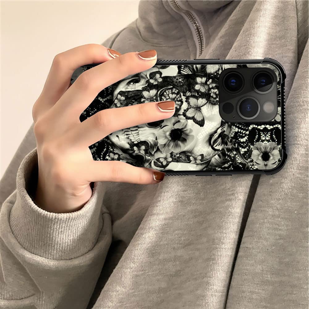 ZHEGAILIAN iPhone 14 Pro Phone Case Victorian Gothic Lace Skull Tempered Glass Back Soft TPU Shock Protective