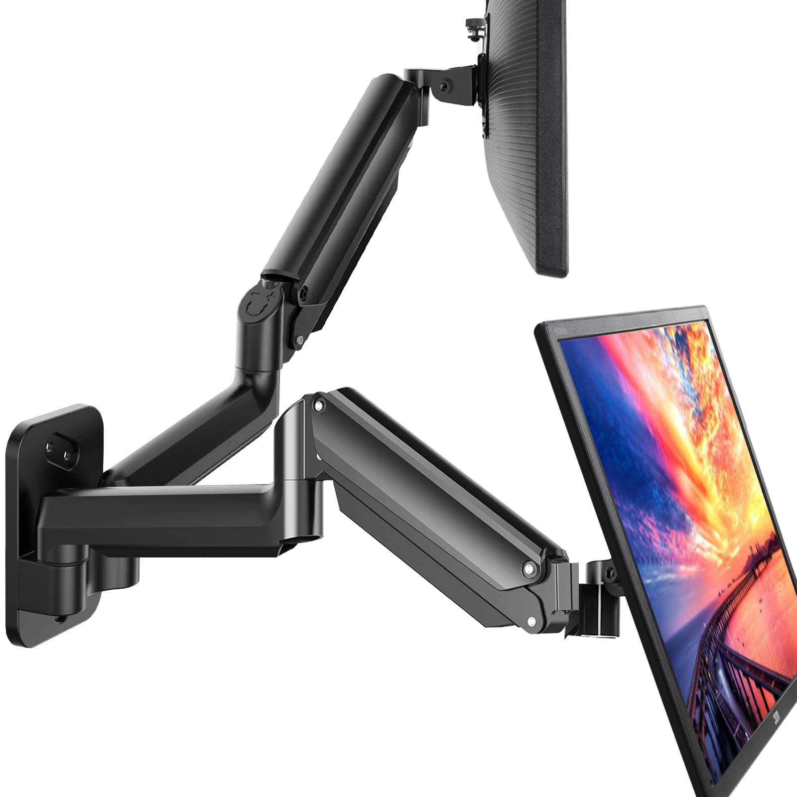 Huanuo Dual Monitor Wall Mount Up To 32 Inch Screens, Wall Monitor Mount With Gas Spring System, Height Adjustable/Tilt/Swivel/Rotate, Dual Monitor Mount Holds 17.6 Lbs, Vesa 75 Or 100Mm