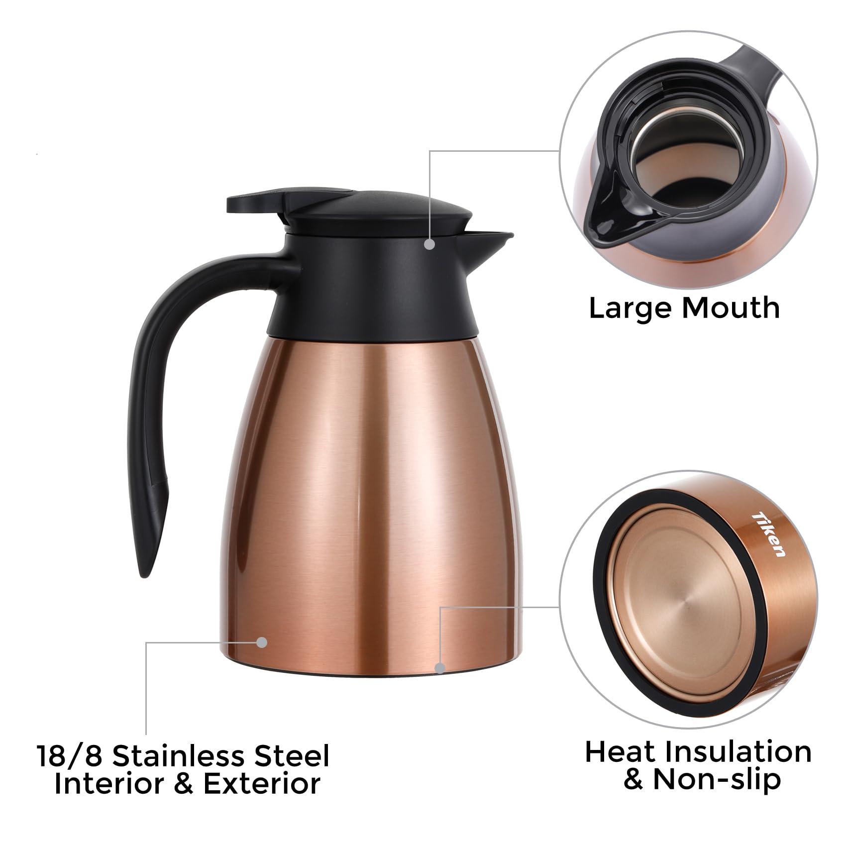 Tiken 34 Oz Thermal Coffee Carafe, Stainless Steel Insulated Vacuum Coffee Carafes For Keeping Hot, 1 Liter Beverage Dispenser (