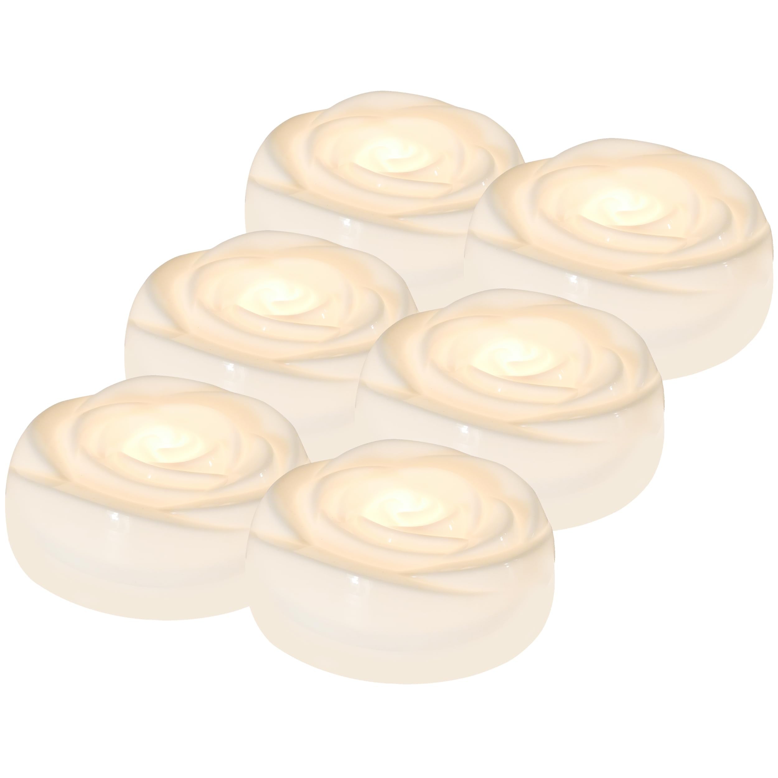 Aignis 6pcs Flameless LED Floating Candles, White Rose Plastic Tealights Battery Operated, 120+ Hours Glow Time, Cozy Light for 