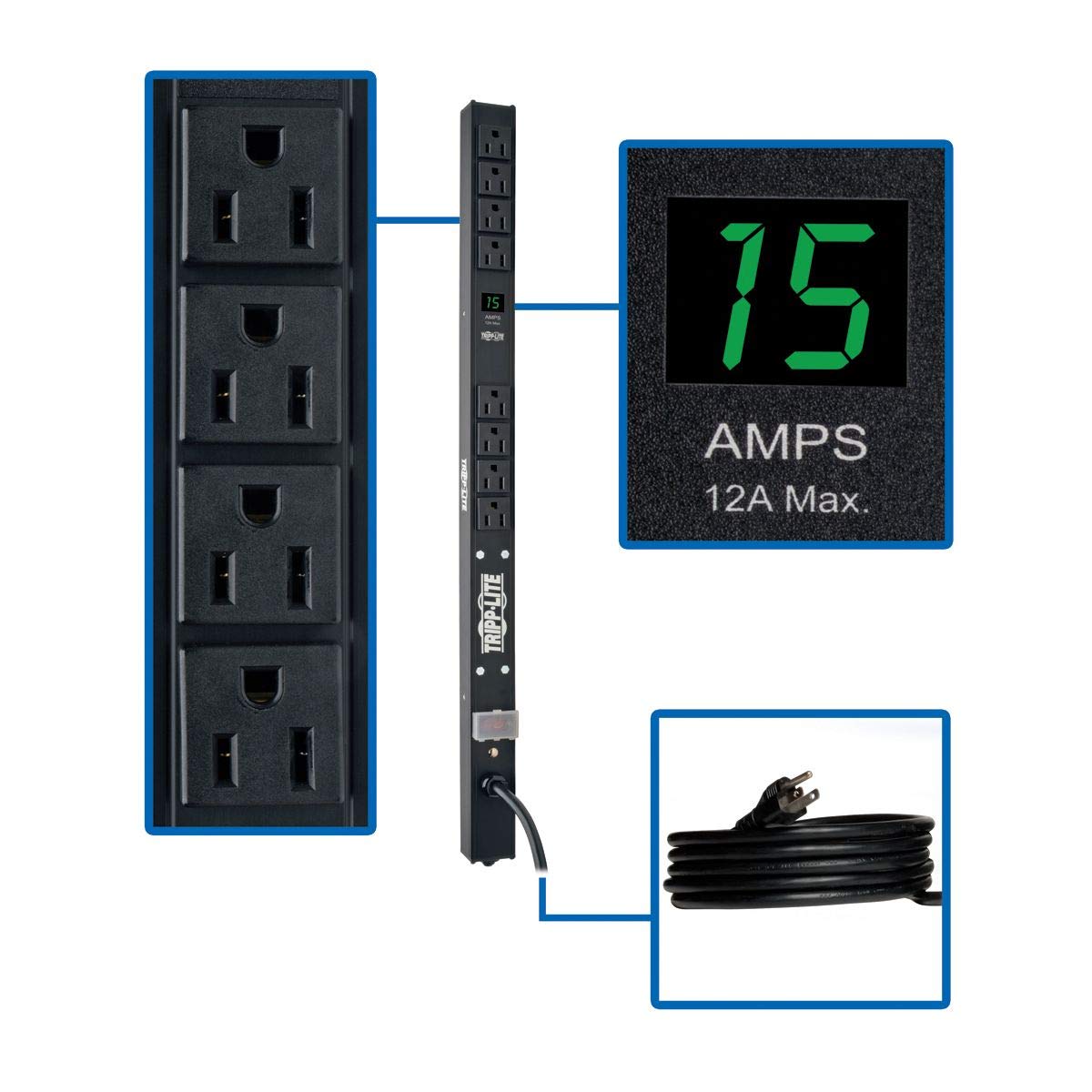 Tripp Lite Metered Pdu, 15A, 8 Outlets (5 15R), 120V, 5 15P, 15 Ft. Cord, 0U Vertical Rack Mount Power (Pdumv15 24)