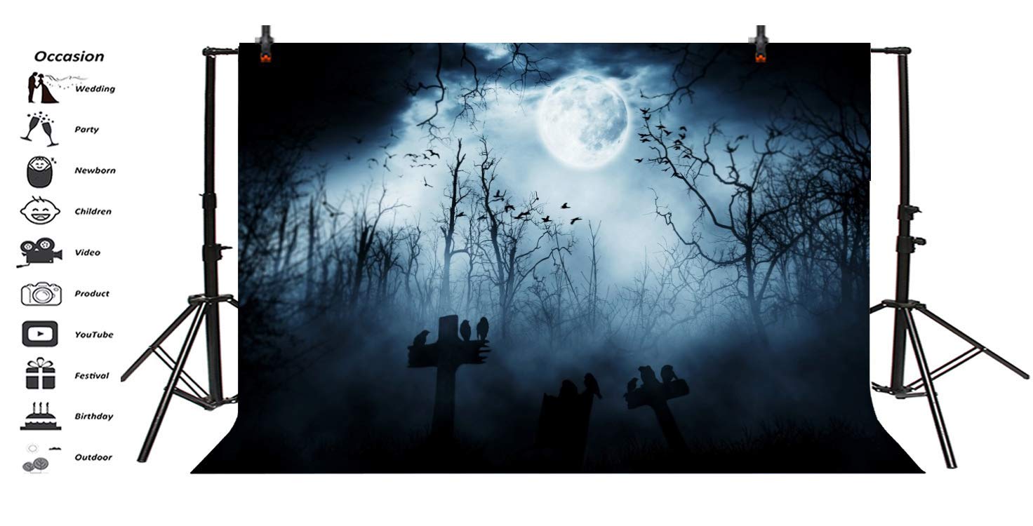 Aofoto 7X5Ft Moon Night Halloween Cemetery Photography Backdrop Flying Bats Birds Stand On Gravestone Cross Graveyard In Dark Fo