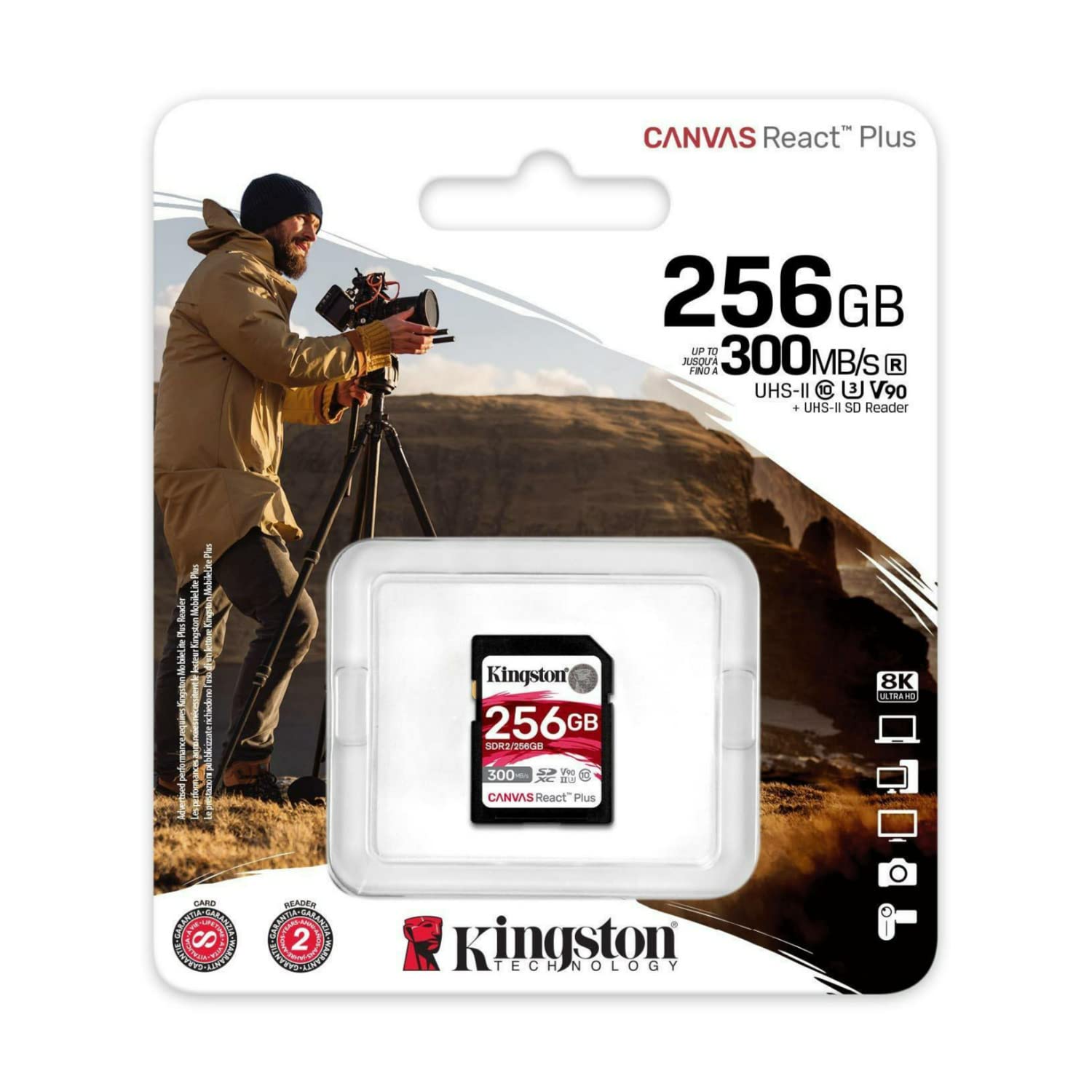 Kingston Canvas React Plus 256Gb Sd Card | Sdxc Uhs-Ii | 300R/260W U3 V90 | Full Hd/4K/8K | Sdr2/256Gb