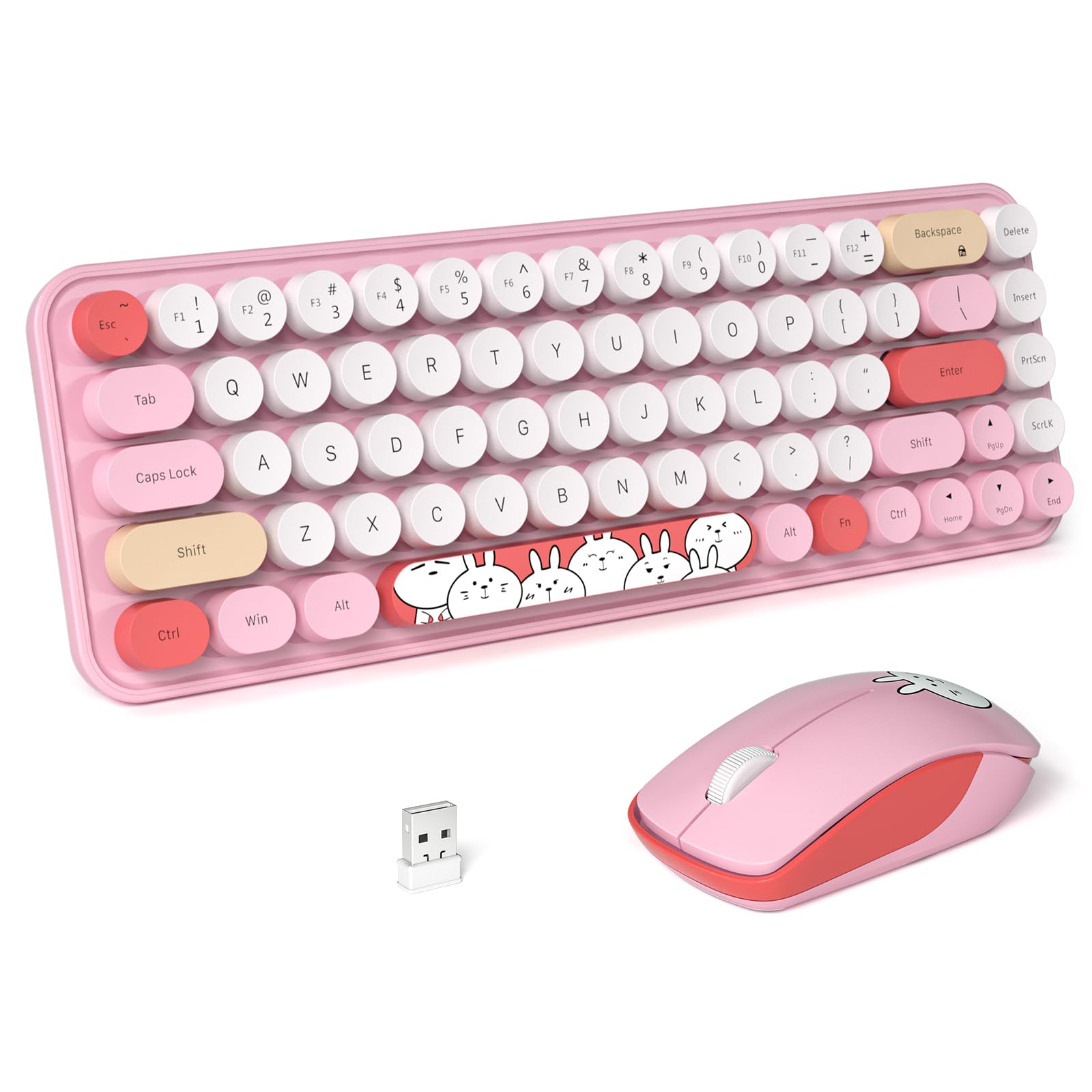 Fopett Wireless Keyboard And Mouse Cute Mouse And Keyboard 2.4G Wireless Keyboards With Colorful 68 Keys Typewriter Retro Round