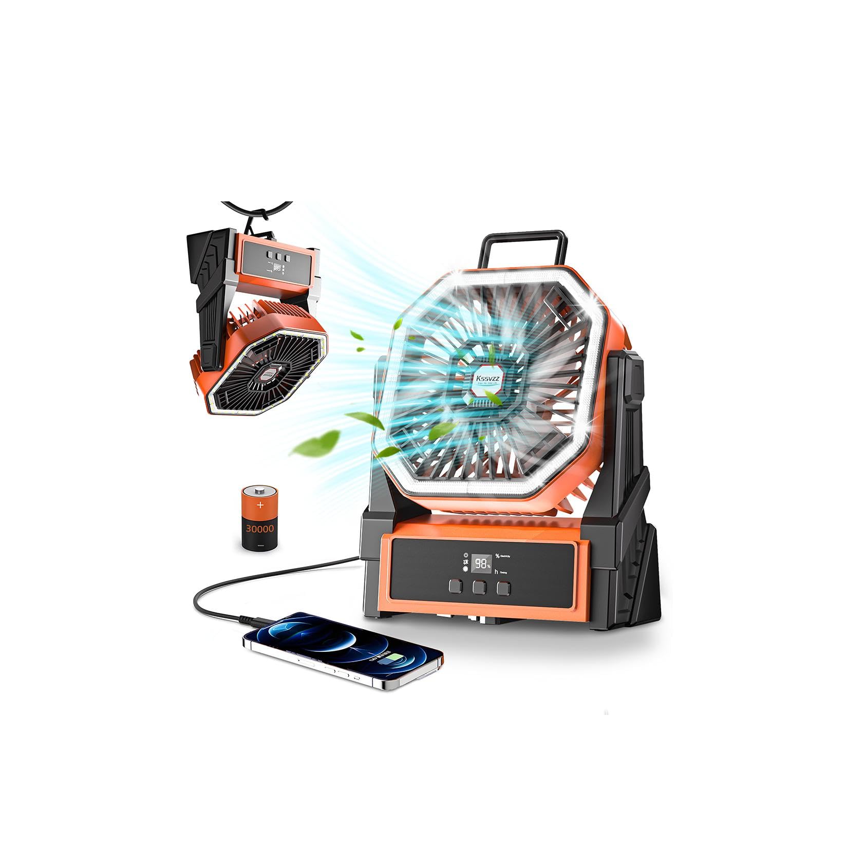 Portable Camping Fan Rechargeable with LED Lantern - 30000mAh Cordless Battery Powered Fan, 4 Speed USB Table Desk Fans, Battery