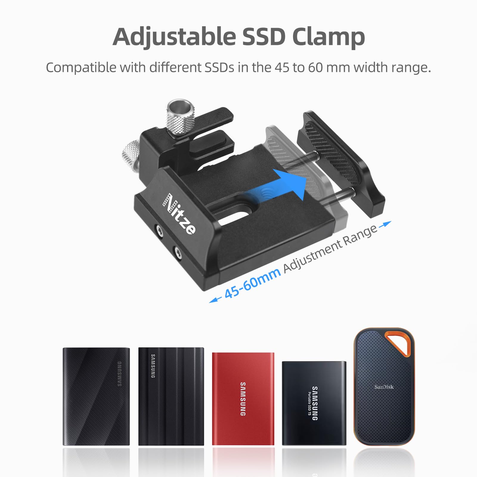 Nitze Universal Ssd Mount Bracket For Samsung T5 Ssd, Samsung T7 Ssd, Sandisk Ssd Within 45 To 60Mm Of Width,Ssd Holder With Usb C Cable Clamp   N42C