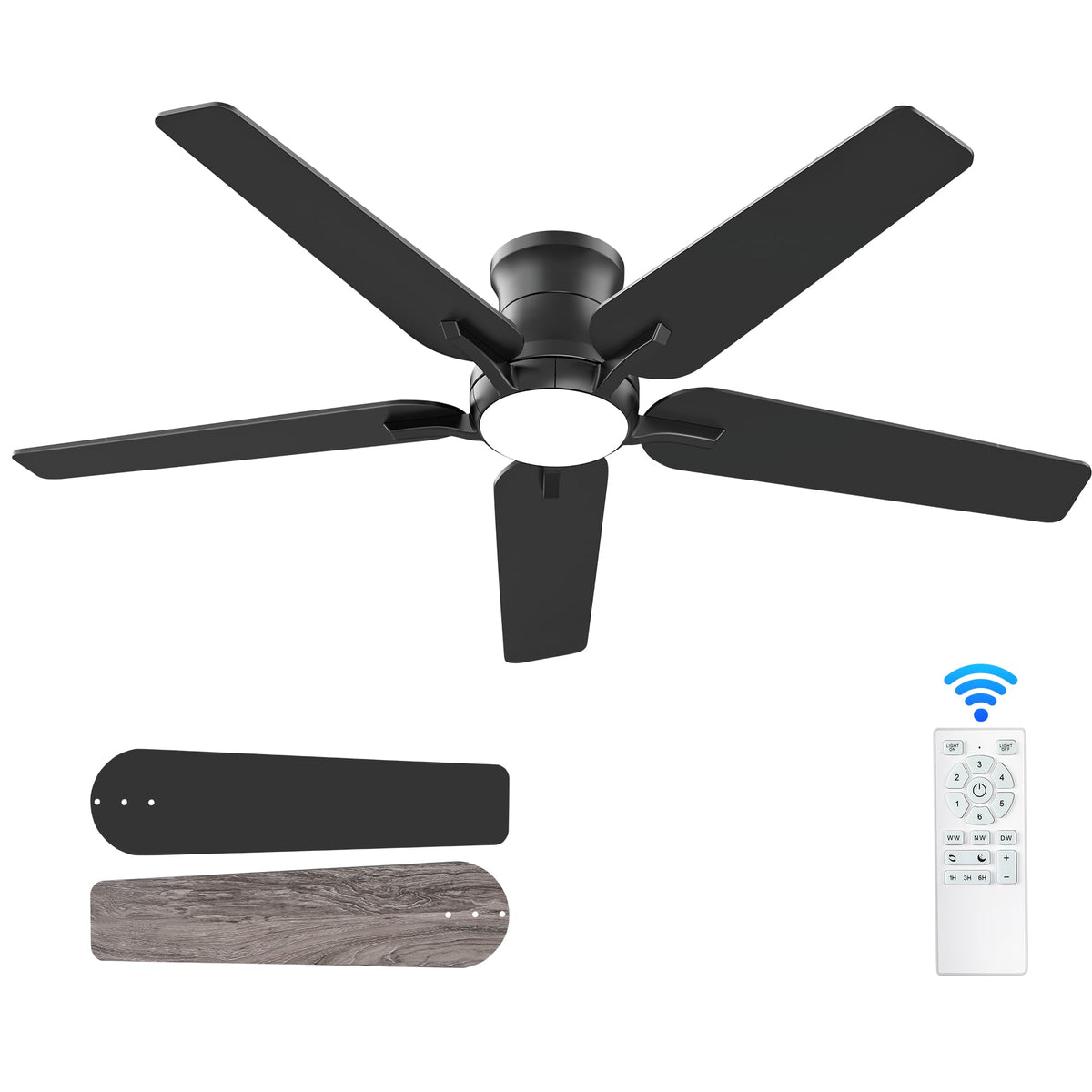 Pochfan 52 Inch Black Ceiling Fans With Lights And Remote, Flush Mount Low Profile Ceiling Fan For Bedroom, Living Room, Patio,