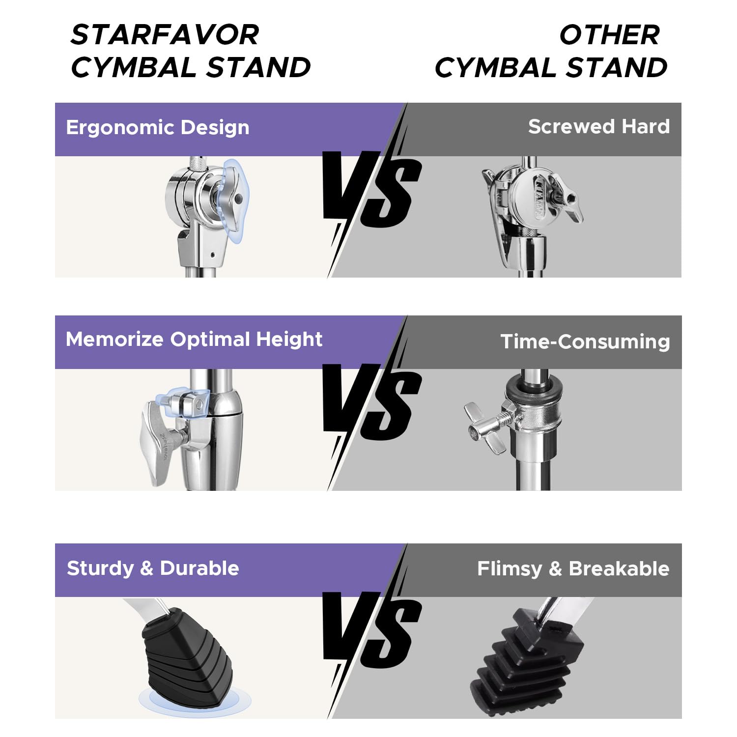 Starfavor Boom Cymbal Stand Double Braced Legs Adjustable Height 22'' 49'', Heavy Weight Stand For Sturdiness With Non Slip Rubb